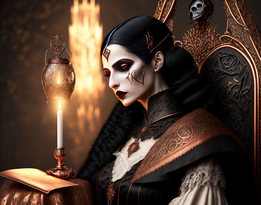 Gothic woman with dark makeup by candle and skull