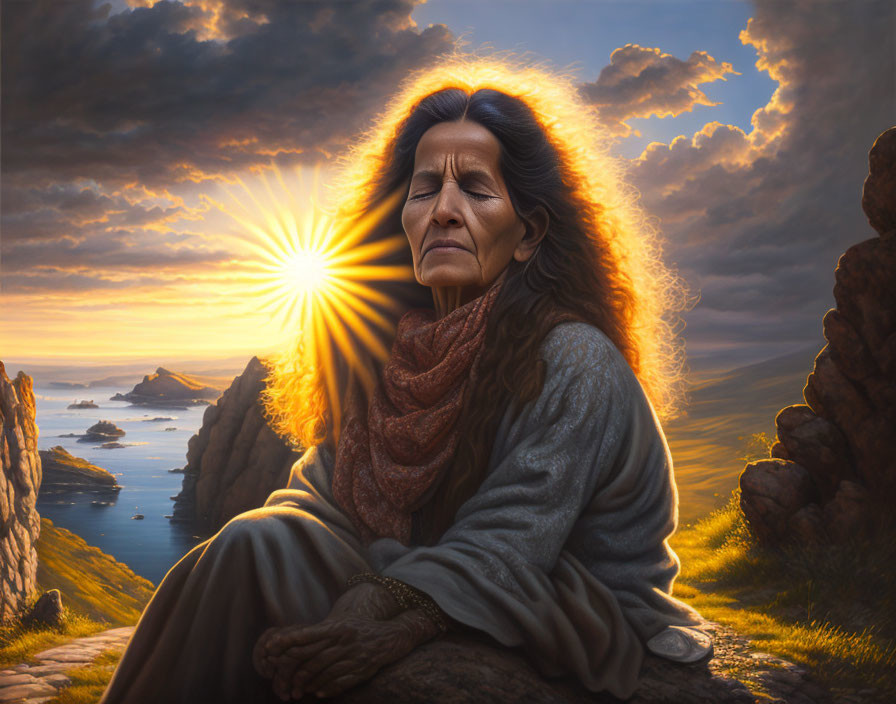 Elderly woman meditating on cliff at sunset with halo effect