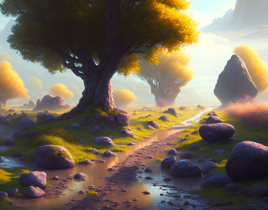 Tranquil landscape with winding path, stream, golden trees, and boulders