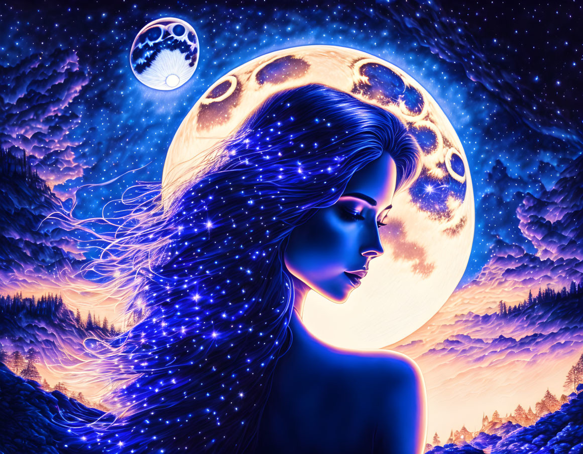 Colorful woman with flowing hair in starry night sky with multi-eyed moon above mountains