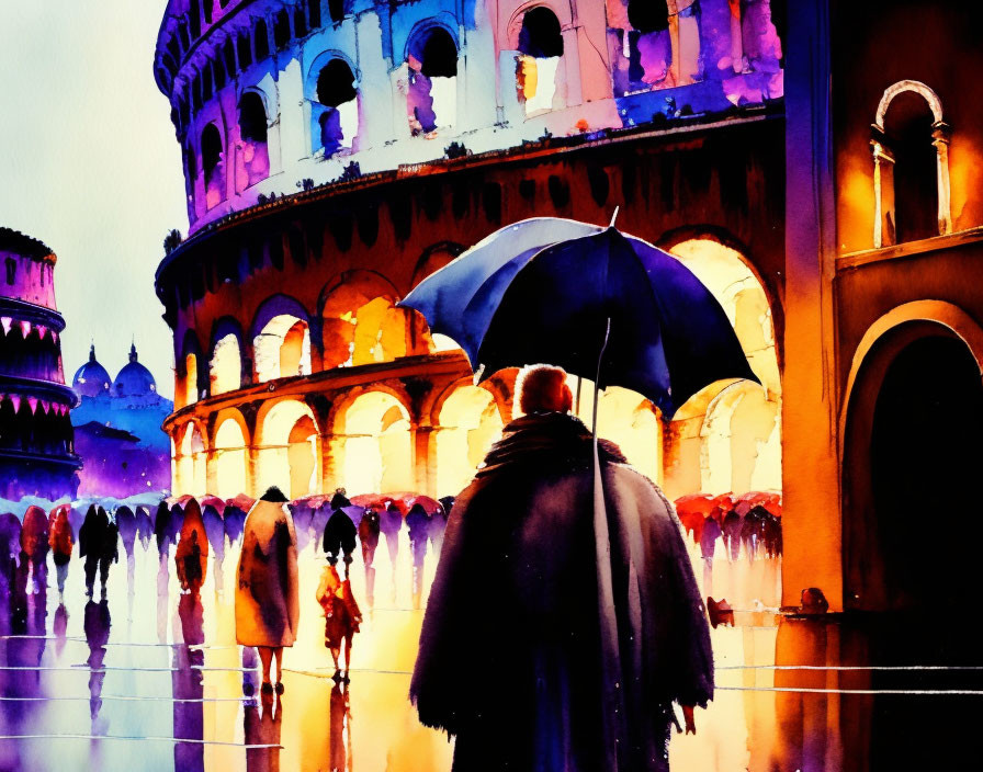 Vibrant watercolor art: person with umbrella in rainy city square by circular building