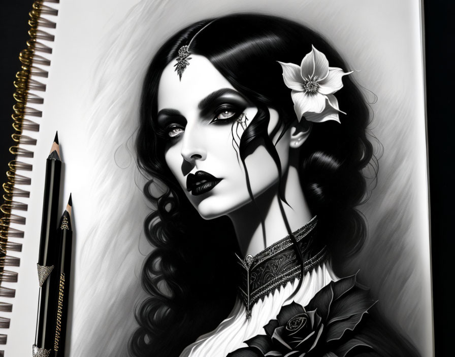 Monochrome gothic woman illustration with flower and jewelry on spiral notebook.