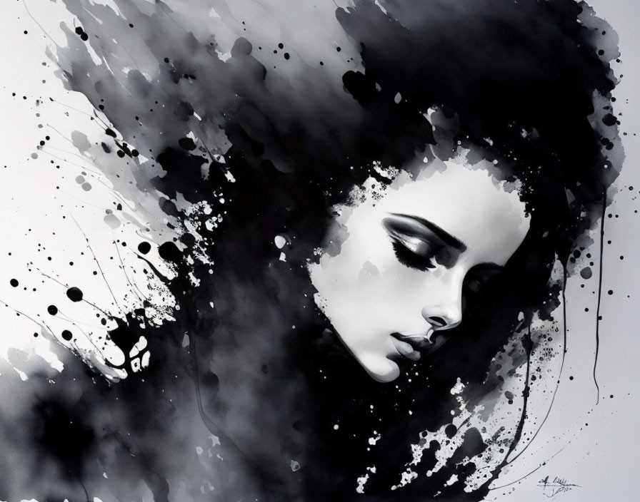 Monochrome artistic portrayal of woman with closed eyes and splatter effect halo