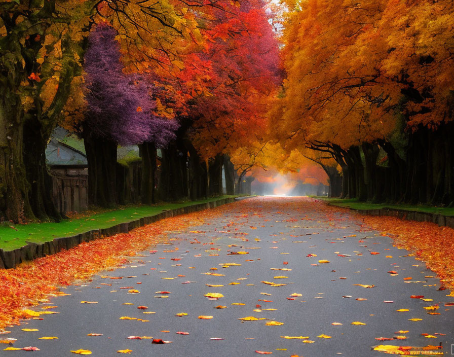 Vibrant autumn road with colorful trees shedding leaves