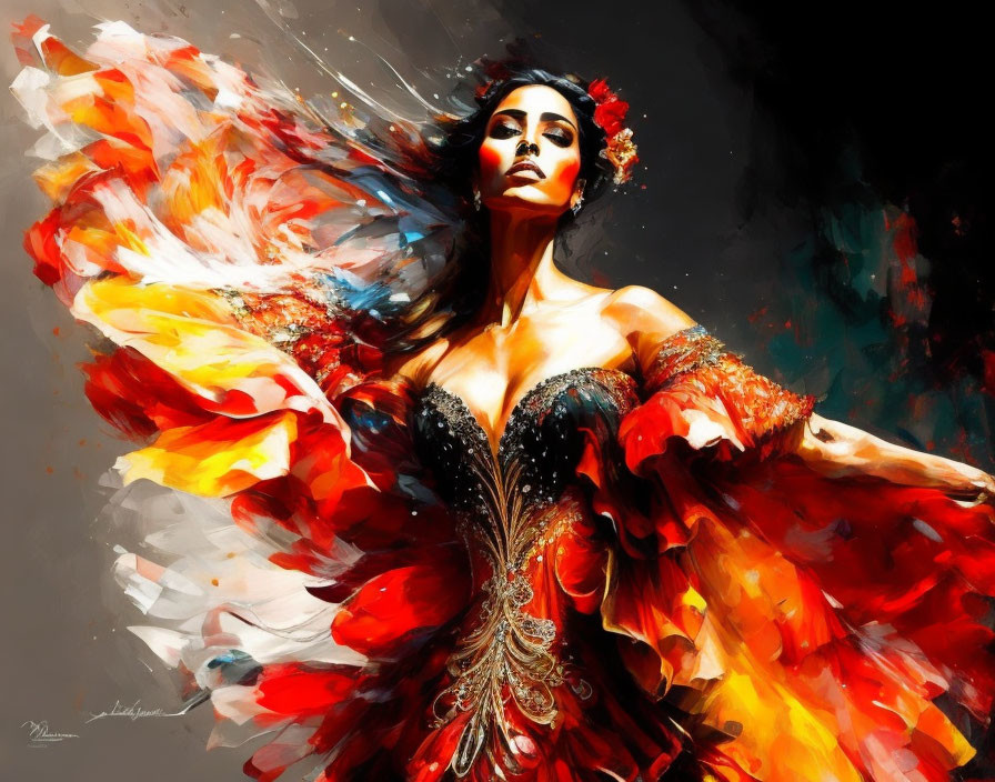 Colorful painting of woman in fiery dress against dark background