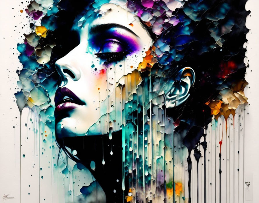 Colorful Abstract Portrait of Woman with Paint Drips