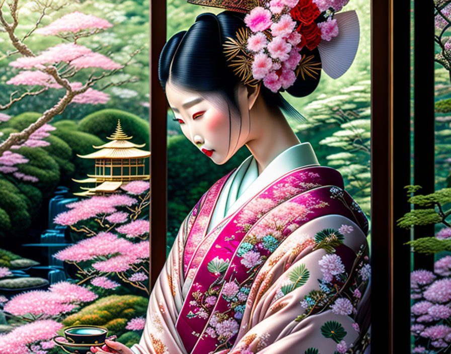 Woman in vibrant kimono near window overlooking serene Japanese garden.