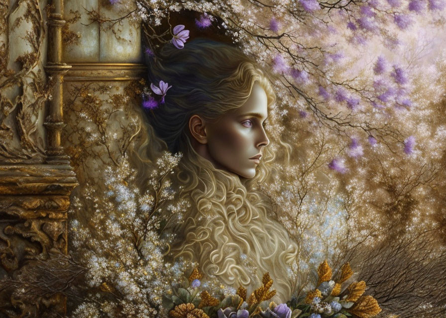 Fantasy illustration: Woman with curly hair, butterflies, blooming trees