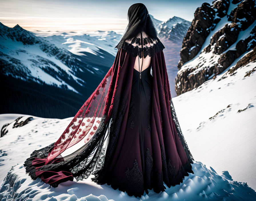 Figure in Black and Burgundy Cloak in Snowy Mountain Landscape