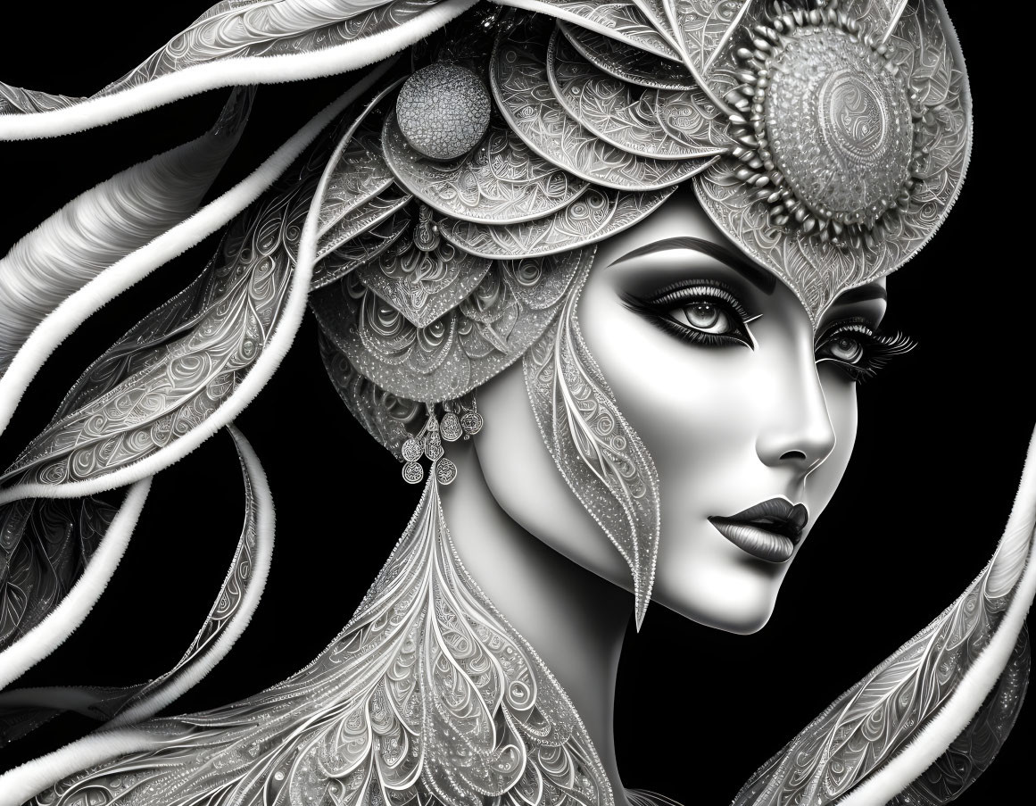 Detailed grayscale digital art of woman with elaborate headdress