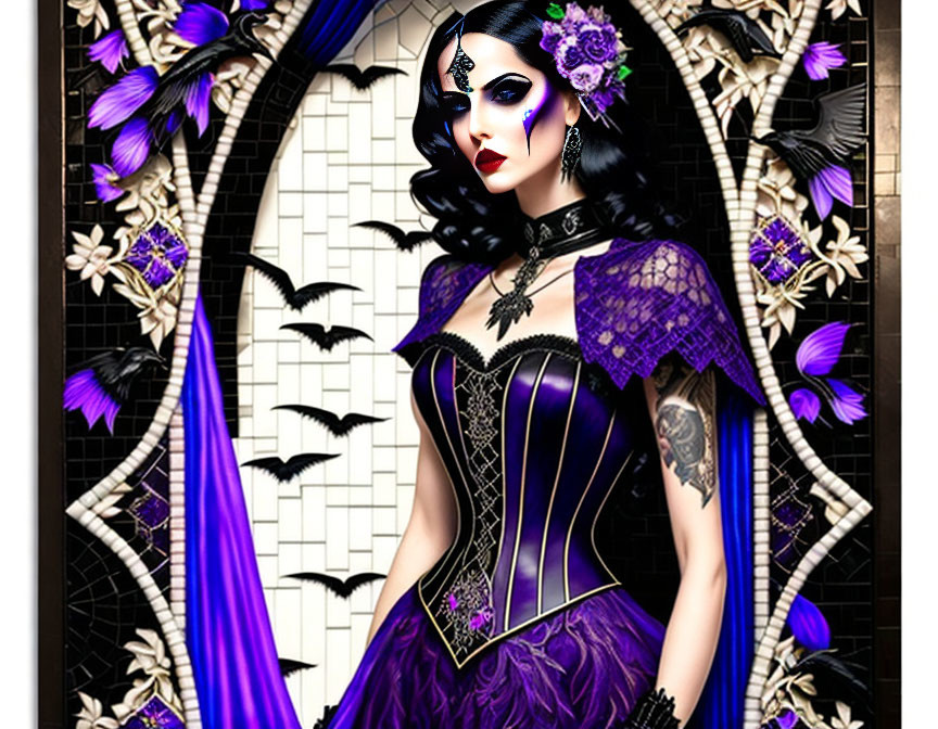 Gothic woman in purple dress with lace and corset details and dark makeup on bat-patterned