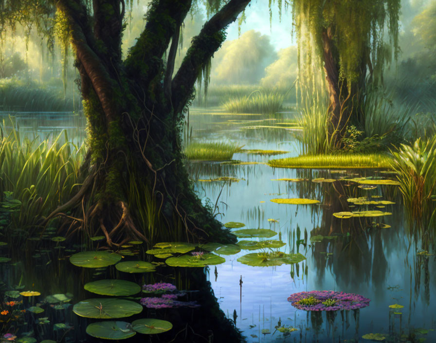 Tranquil swamp scene with ancient tree, water lilies, and mist at dawn