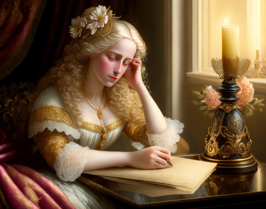 Historical woman writing letter by candlelight in luxurious setting