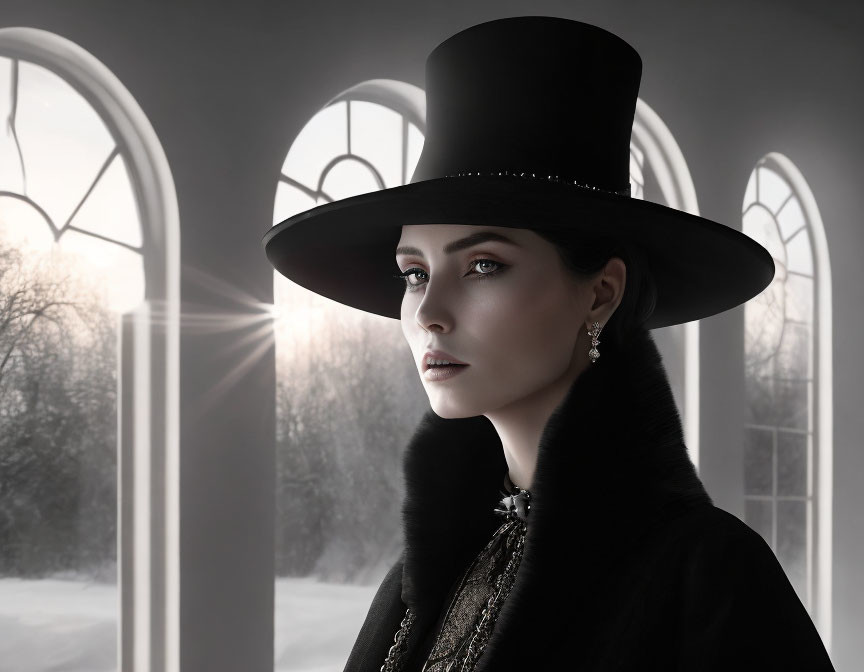 Elegant woman in top hat and fur coat by snowy windows