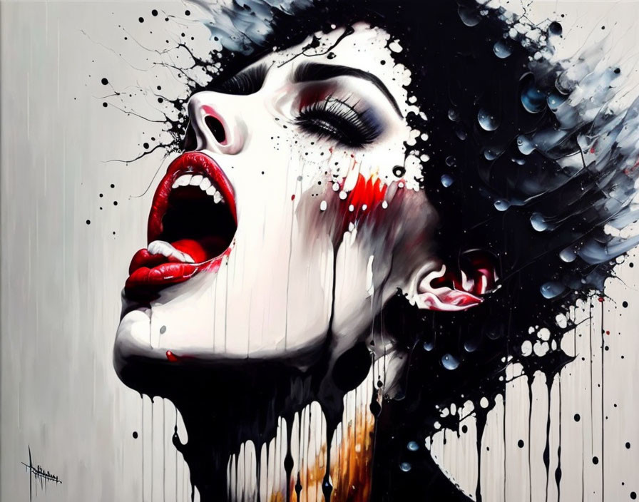 Dynamic painting of woman with head back, mouth open, black, white, red splatters