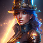 Digital art portrait of a woman in ornate armor with blue eyes and glowing light.