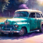 Vintage Turquoise Station Wagon on Sunlit Tree-Lined Street