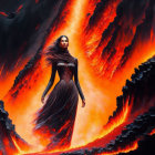 Woman in Black Dress Stands Amid Swirling Flames with Soaring Bird