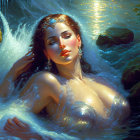 Ethereal woman with golden jewelry in sunlit forest pond