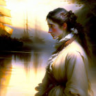 Contemplative woman in historical attire by serene harbor with ships.