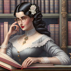 Digital illustration: Woman with glasses and vintage hairstyle reading book in library.