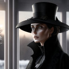 Elegant woman in top hat and fur coat by snowy windows