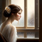 Woman with floral headpiece and gold tiara by rainy window.