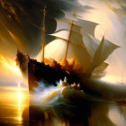 Maritime scene with sailing ships and boats on glowing sea at sunset or sunrise