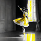 Ballerina in Yellow Dress Poses in Sunlit Room