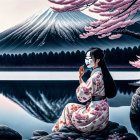 Tranquil Geisha by Water with Mount Fuji and Cherry Blossoms