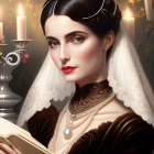 Elegant woman in brown dress with lace veil reading book among candles and roses