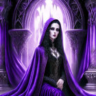 Gothic-style illustration of pale woman with green hair on throne in ornate purple chamber