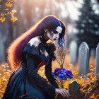 Pale-skinned person in dark makeup at autumn gravesite with blue feathered shoulders.