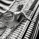 Monochrome image blending woman's dress with musical notes on piano keys.