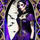 Gothic woman in purple dress with lace and corset details and dark makeup on bat-patterned