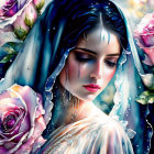 Woman in blue headscarf with pearls, surrounded by sparkling roses and mystical stars.