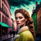 Stylized portrait of woman with elaborate hair and makeup in yellow fur shawl on vintage city street