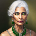 Silver-haired woman with green eyes and jewelry portrait.