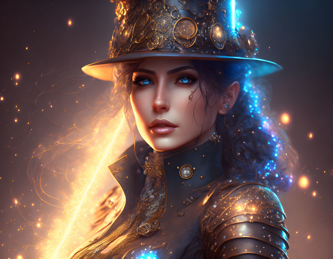 Digital art portrait of a woman in ornate armor with blue eyes and glowing light.