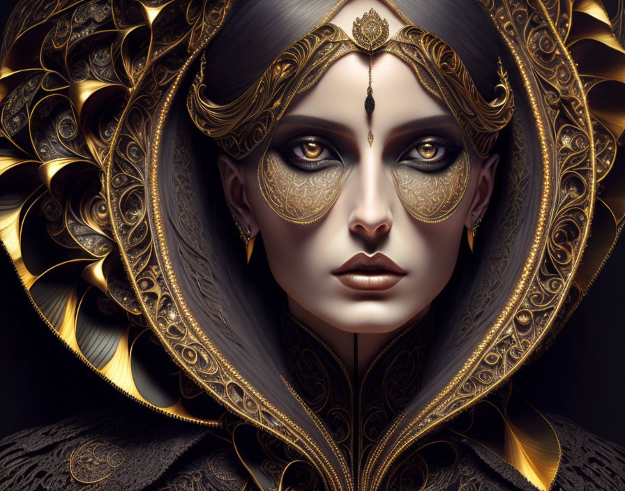 Digital Artwork: Woman with Gold Headgear and Intense Gaze