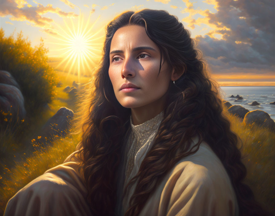 Profile of woman with long dark hair under stunning sunset