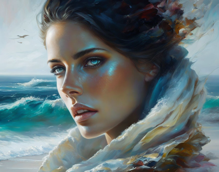 Woman painting with flowing scarf merging into ocean waves