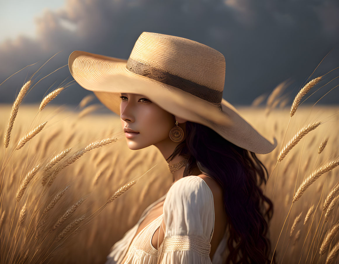 Woman in wide-brimmed hat and white dress in golden wheat fields under cloudy sky