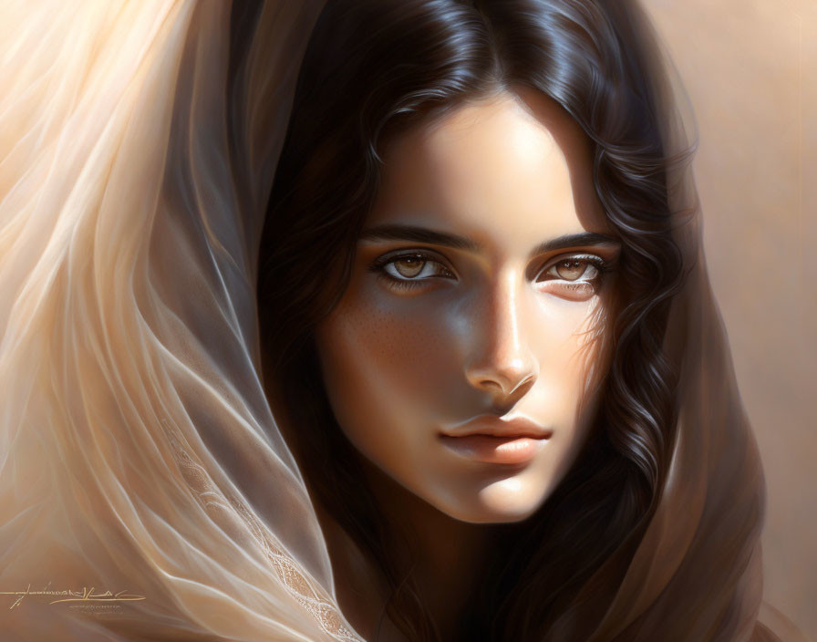 Digital painting of woman with dark flowing hair in light fabric, illuminated by warm light