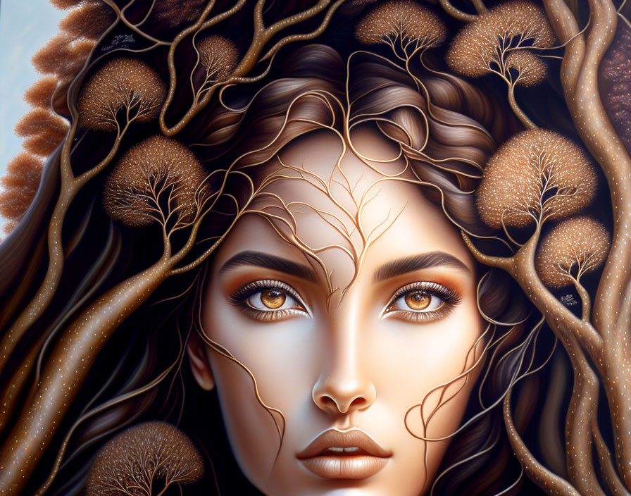 Detailed illustration of a woman with tree branches and roots in her hair, featuring vivid eyes