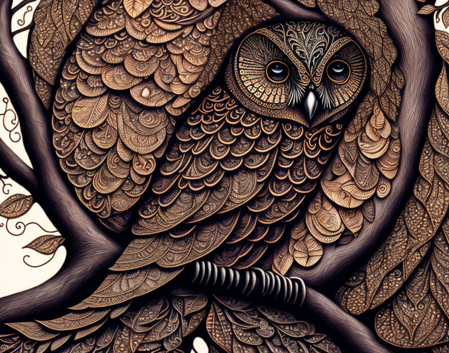 Detailed owl illustration on branch with ornate feathers in brown palette