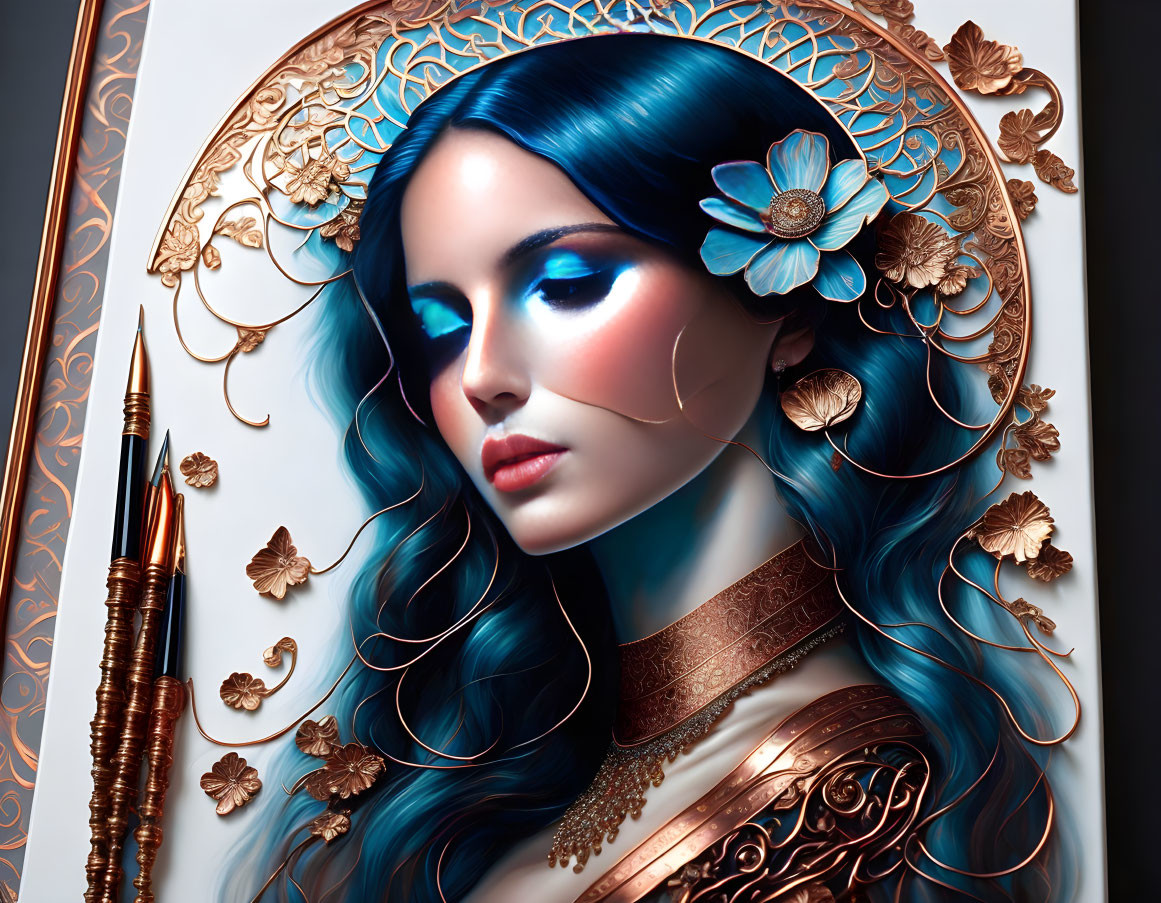 Detailed illustration of woman with blue hair and golden floral adornments on decorative backdrop.