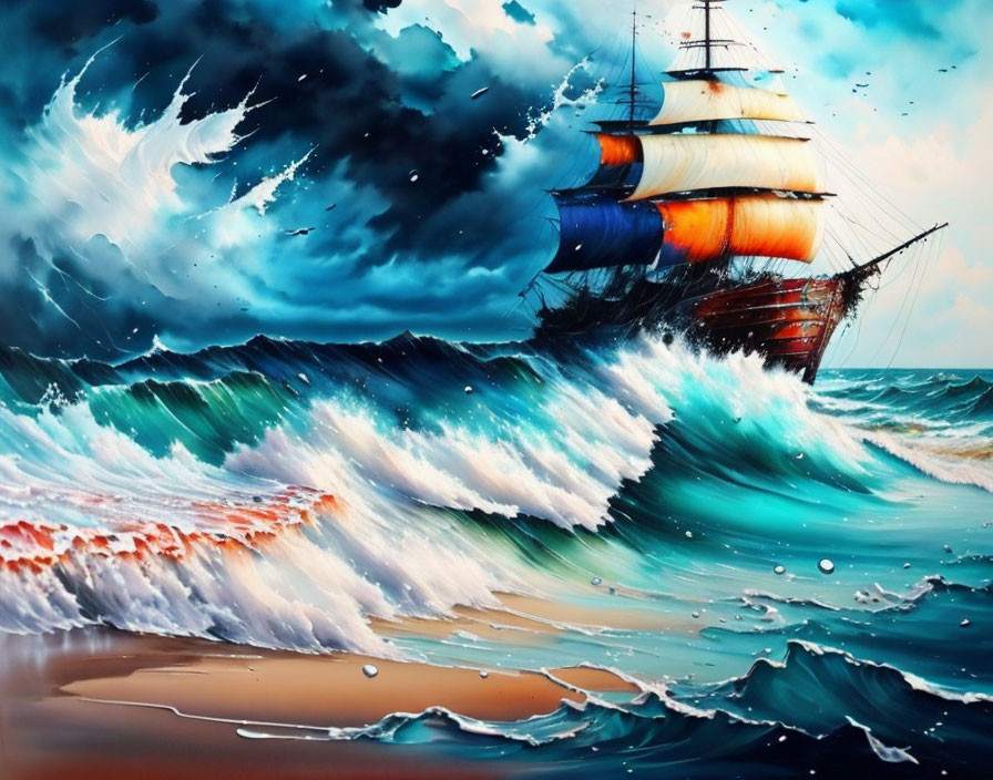 Colorful Sails on Sailing Ship in Stormy Ocean