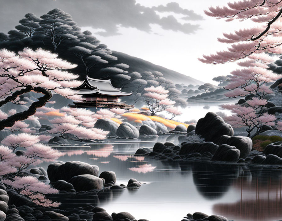 Cherry Blossoms, Pagoda, Lake, and Mountains at Dusk