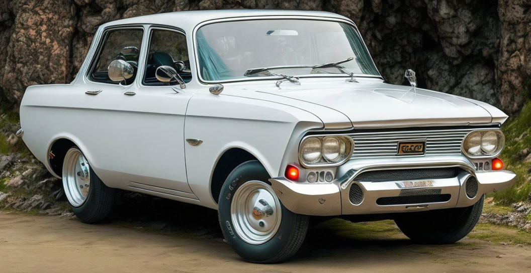 Vintage White Car with Distinctive Front Grille Parked by Rock Face